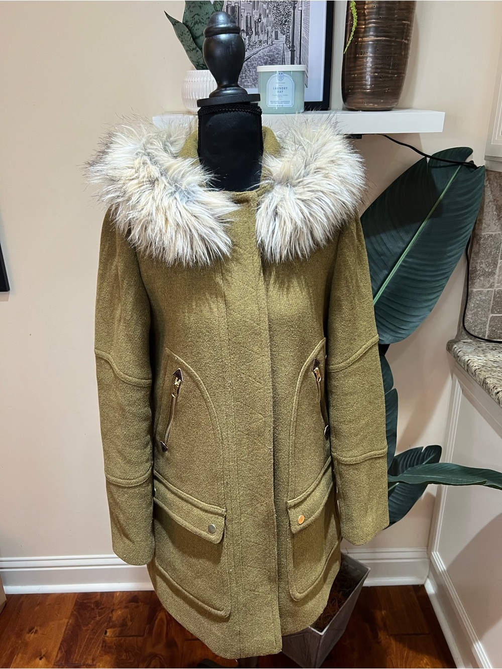 J. Crew Olive Green Wool Nello Gori Parka Coat w/ Faux-Fur Hood Trim 6